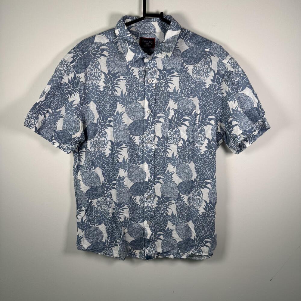 UNTUCKit Shirt Mens Large Blue Pineapple Print Short Sleeve Button Up Slim Fit